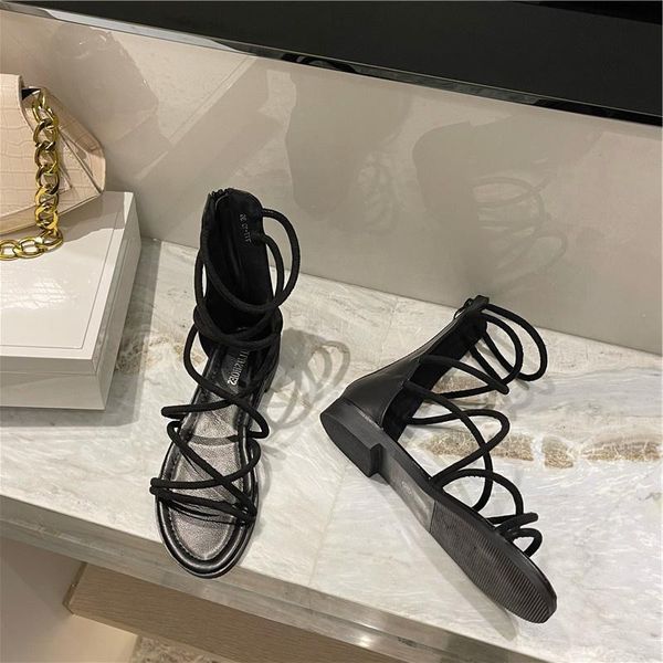 

boots roman shoes 2021 summer flat slim bottom bag heel fashion fairy women's back zipper comfortable sandals, Black