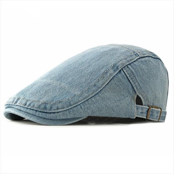 

spring summer solid color newsboy caps men washed denim cotton flat peaked cap women painter beret hats 13, Blue;gray