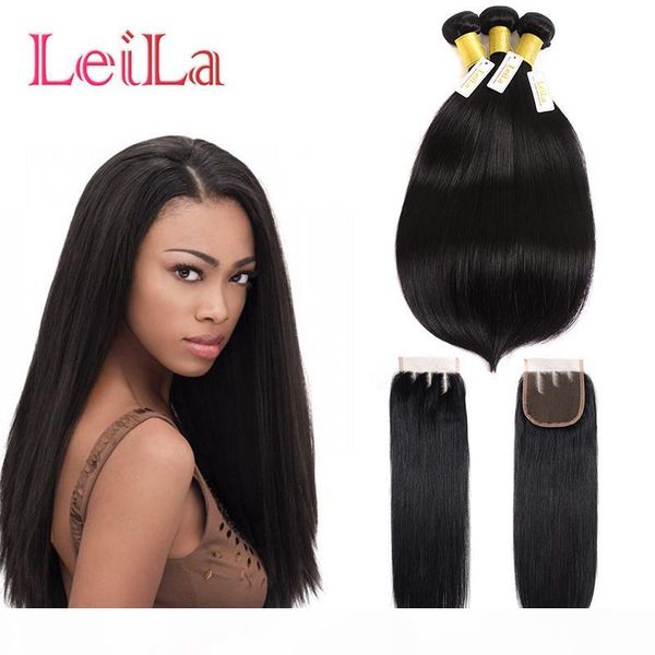 

brazilian human hair 3 bundles with 4x4 lace closure 4pieces straight hair weaves with closure middle three part baby hair, Black;brown