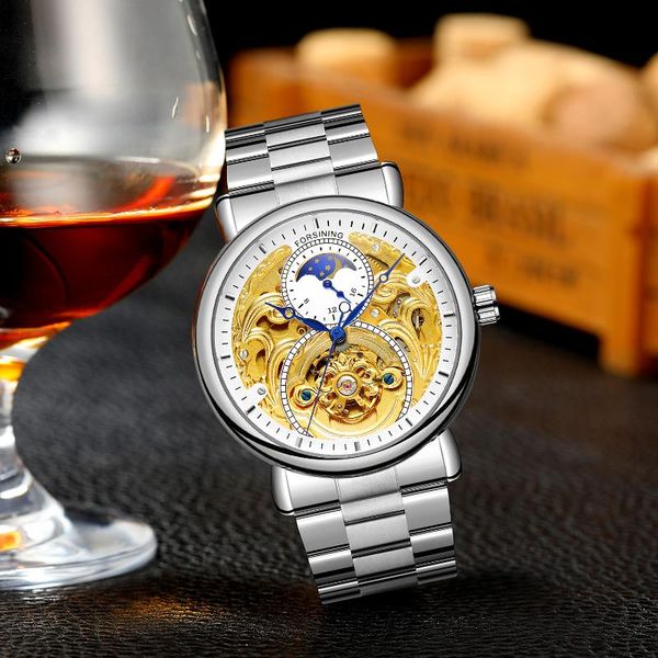 

wristwatches forsining luxury engraving skeleton automatic moonphase men wristwatch stainless steel business man mechanical watch relogio, Slivery;brown