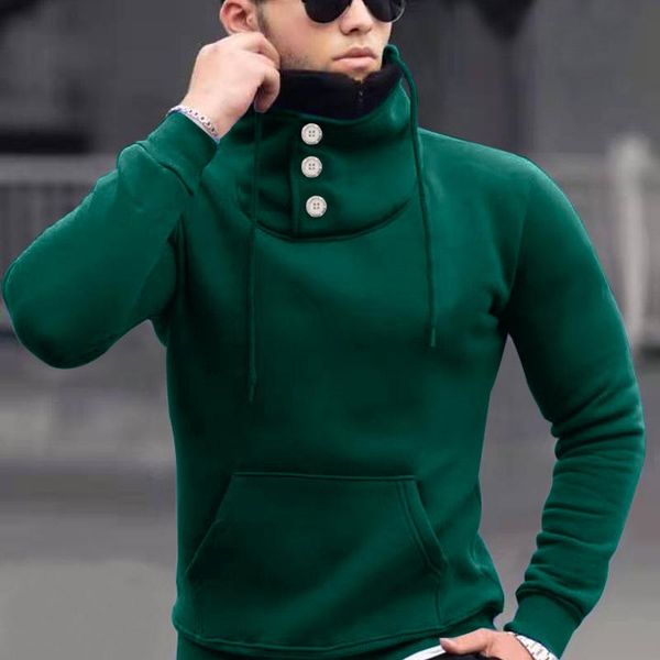 

men's hoodies & sweatshirts fashion solid button male sweatshirt men casual long sleeve drawstring pullover autumn winter warm turtlen, Black