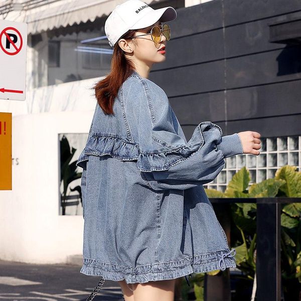 

women's jackets 2021 spring and autumn korean clothing ruffled loose denim windbreaker female mid-long short coat jeans mujer chaqueta, Black;brown