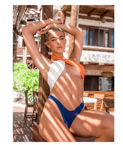 

one-piece suits miss adola 2021 stitching bikini high waist open back swimsuit women elastic solid color beachwear