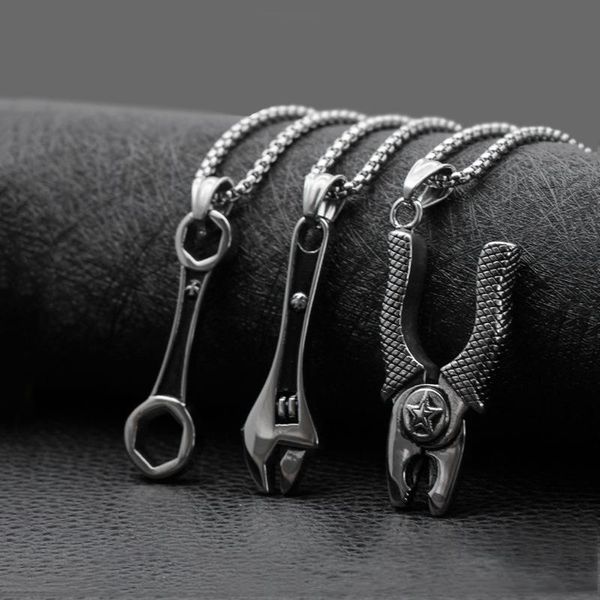 

pendant necklaces titanium steel mechanic repair tool domineering wrench necklace men's jewelry, Silver