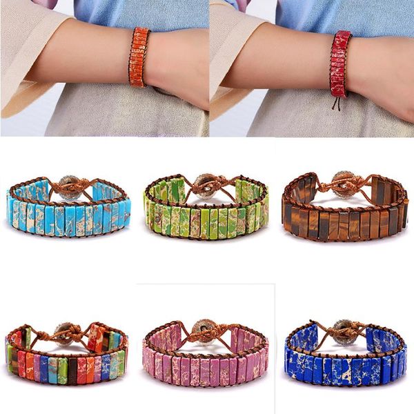 

charm bracelets vintage colorful seven chakras emperor-stone leather bracelet for women stone hand-knotted beads bohemia gifts, Golden;silver