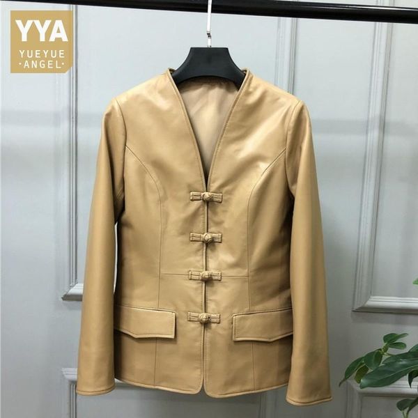 

women's leather & faux women winter jacket casual slim fit vintage chinese knot single breasted genuine short coats v-neck sheepskin ja, Black