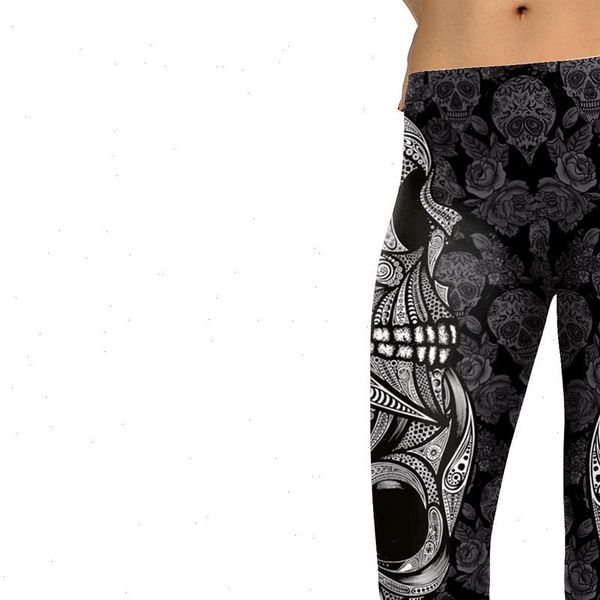 

rose skull head print leggings women high waist slim fitness leggings elastic causal leggings plus size leggins mujer, Black