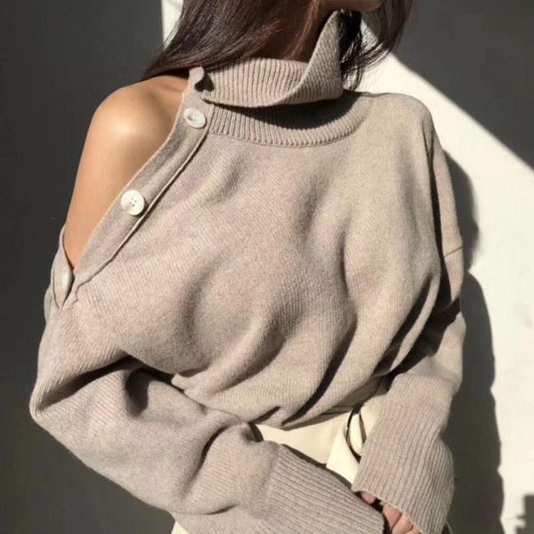 

women's sweaters 2021 winter women turtleneck knitted knit solid casual cold shoulder pullover jumper autumn basic sweater for, White;black