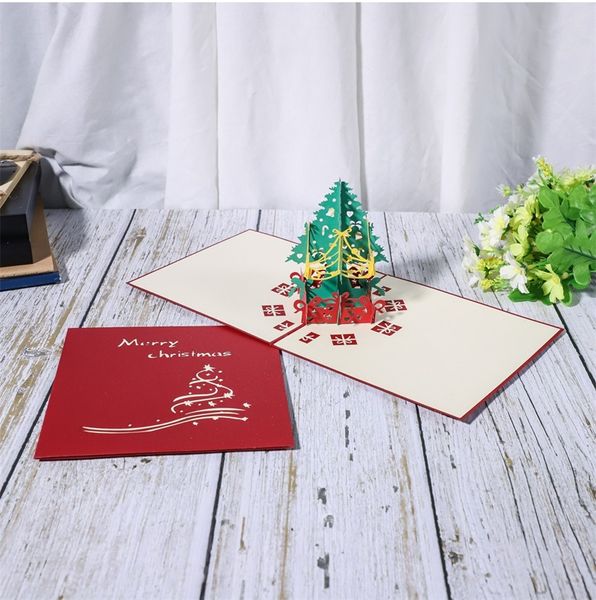 Carte regalo di buon Natale 3D Xmas Tree Laser Pop Up Tipo di biglietto di auguri pieghevole per Navidad Natal Capodanno Bomboniere Carte 10C3