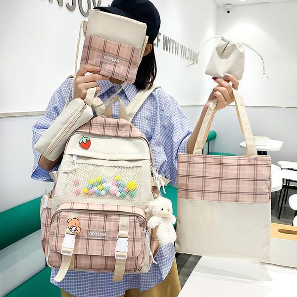 

school bags 5 pcs/set women student lapbackpack canvas for teenage girls kawaii kids backpacks book bag rucksack 2021