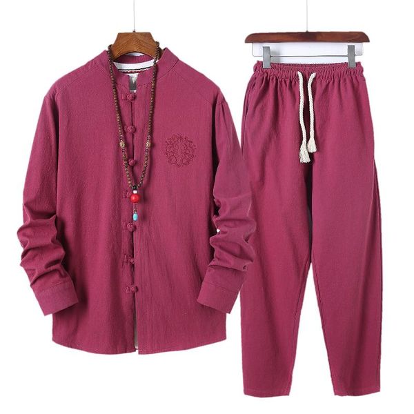 

jogging clothing 2021 autumn men's long sleeved shirt cotton linen suit trousers buddhist monk clothes youth, Black;red