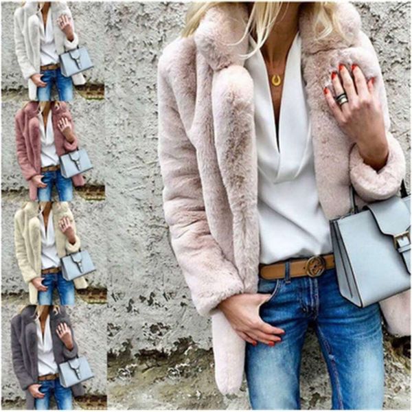 

20212020 warm solid color long sleeve lapel fluffy cardigan coat women's wear, Black