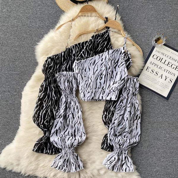 

women's blouses & shirts black/white halter off shoulder chiffon blouse summer flare long sleeve short female elegant skew collar