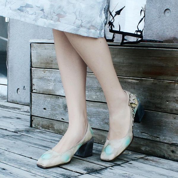 

dress shoes 2021 spring high heeled women's leather ladies hollow square toe casual pumps thick heel national style, Black