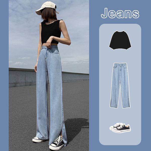 Calças de jeans Calças femininas Split Summer Fino Solto Reto Cintura Alta Cintura Mopping Gelado De Seda Lareira Pants 6 estilos