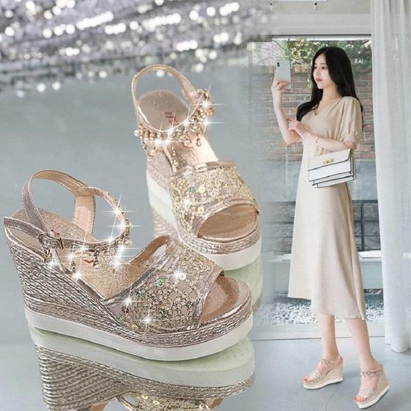

dress shoes 35-40 size summer women height incresing sandals platform ladies 9-10cm heel ins gladiator, Black