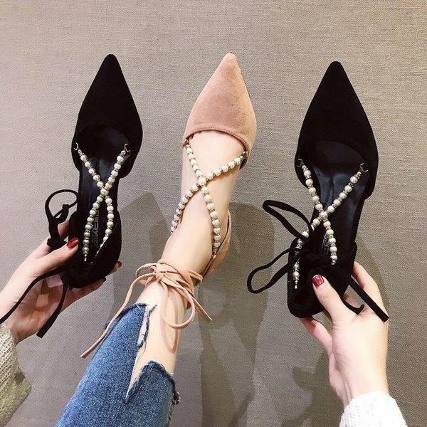 

dress shoes 2021 baotou pointed stiletto small fresh sweet pearl beaded ankle strap high heels female, Black