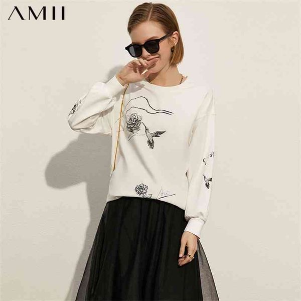 

amii minimalism spring fashion hoodies for women causal oneck printed loose sweatshirt pullover 12170035 210805, Black