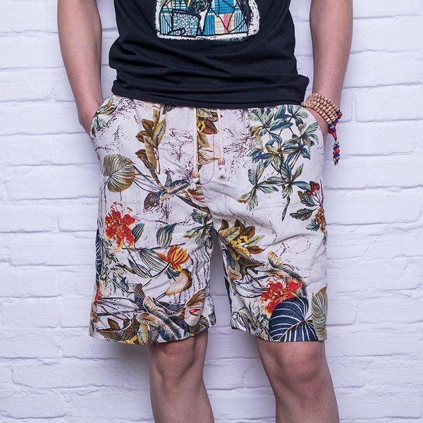 

new print floral men's shorts drawstring summer shorts plus size cotton linen loose for men beach elastic waist, White;black