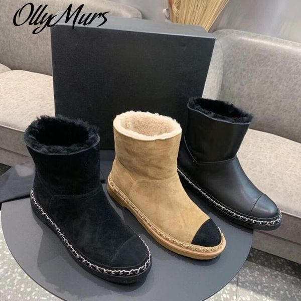 

boots ollymurs classic leather snow lamb wool chain simple genuine boots35-41 zapatos mujer, Black