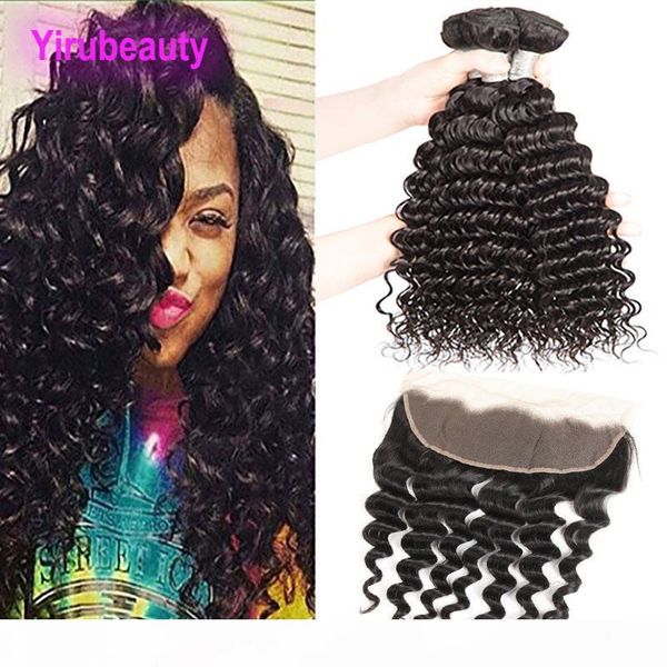 

brazilian human hair 3 bundles with 13x4 lace frontal pre plucked deep wave curly 4 pieces lot virgin hair 95-100g piece, Black;brown