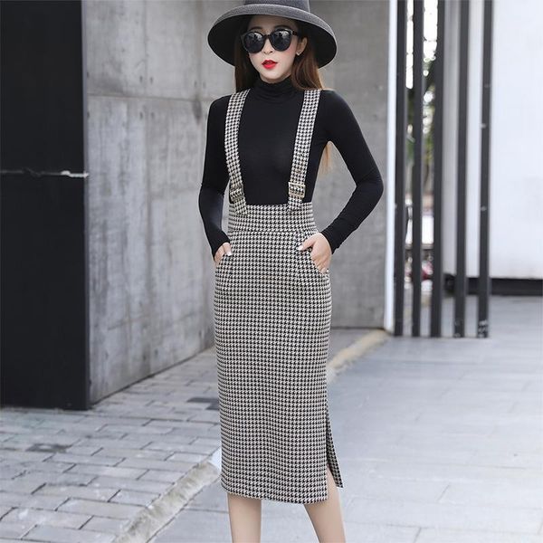 

skirts fashion houndstooth plaid pencil skirt for women bodycorn side split long midi female autumn adjustable strap, Black