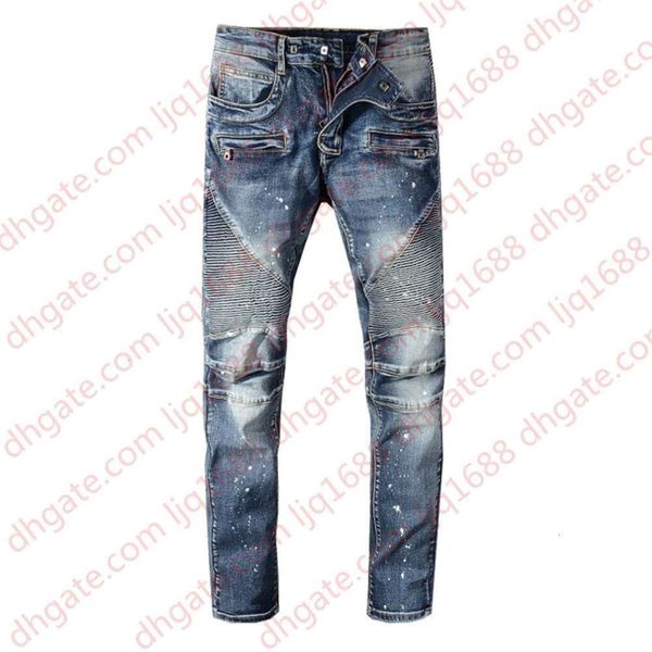 

new france style men's moto pants ribbed oiled washed blue skinny denim biker jeans stretch slim trousers size 29-42 #1077#