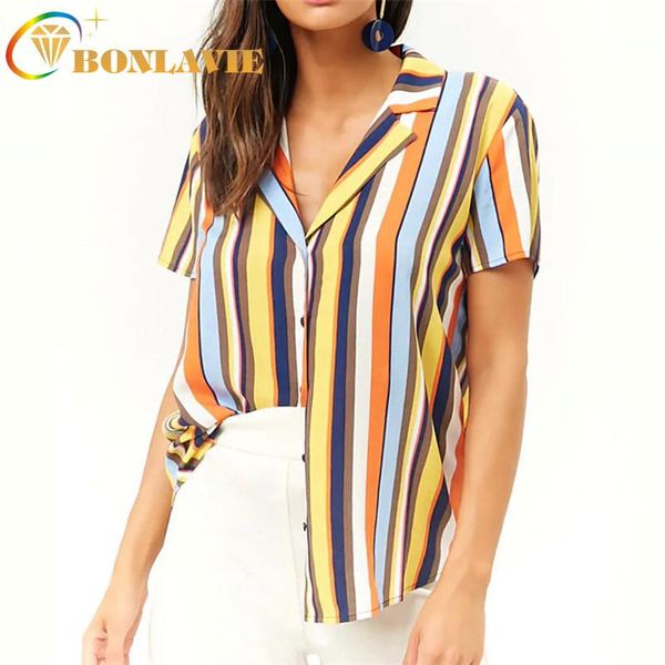 

women's blouses & shirts summer chiffon blouse stripe printed pattern short sleeve v-collar loose type casual office lady cardigan s to, White