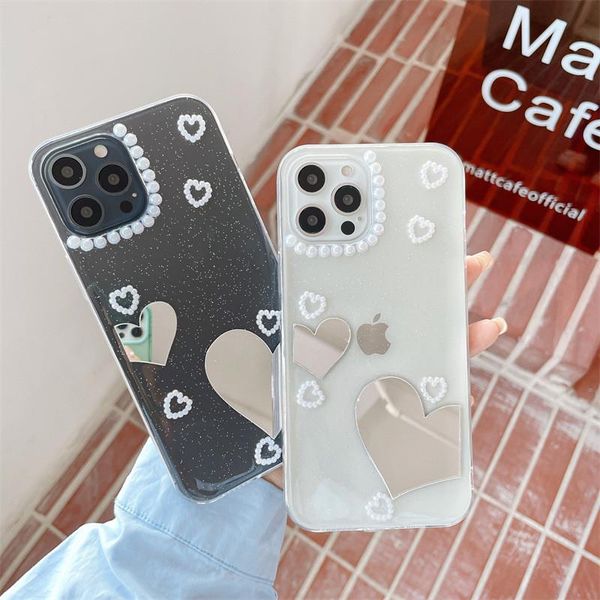 

cell phone pouches fashion pearl love heart mirror case for 12 pro max 11 7 8 plus x xr xs se2021 back covers