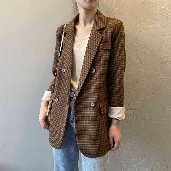 

women's suits & blazers hxjjp plaid blazer coat vintage notched collar pocket autumn new retro long sleeve casual loose suit jacke, White;black