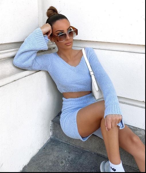 

gray knitting hollow casual two piece set and short autumn women set sweater 2 piece set women outfits 2021