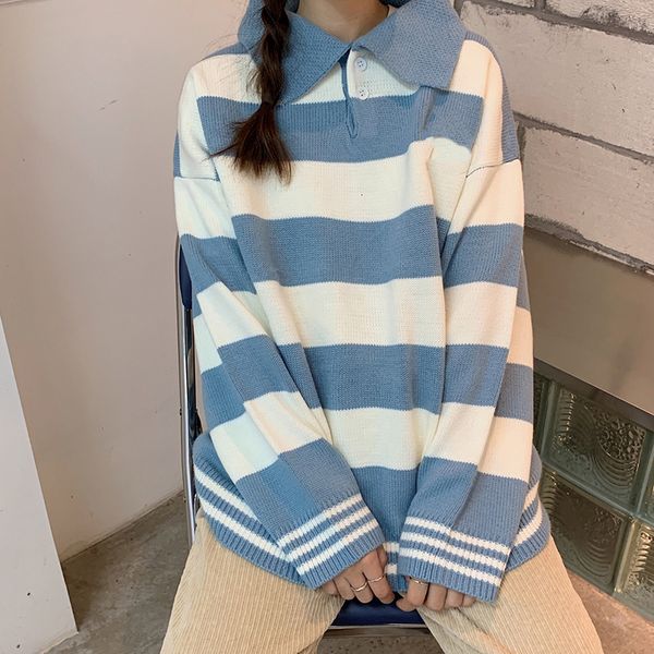 

2021 new 0 autumn loose chic college lapel striped knitted women long sleeve regular sweater kf4w, White;black