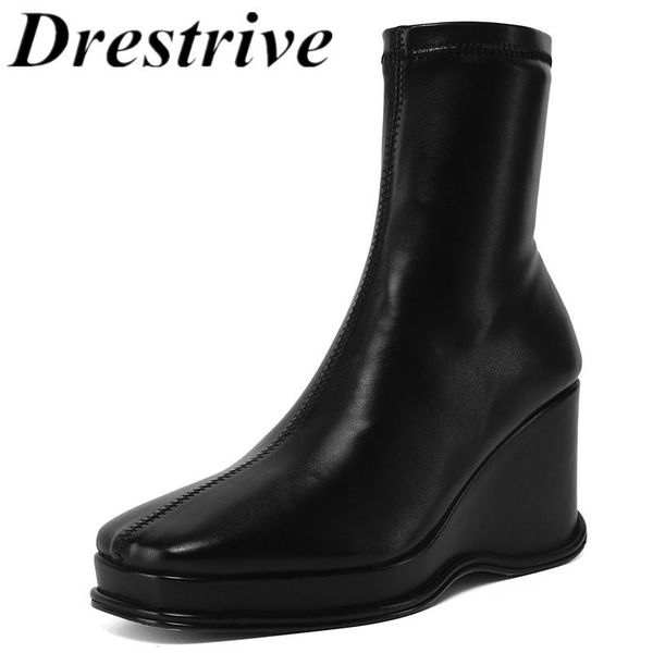 

boots drestrive women ankle wedges elastic fabric high heel arrivel 2021 winter shoes square toe platform black zipper