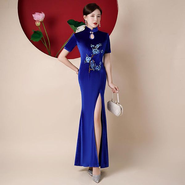 

ethnic clothing novelty solid slim femme qipao velour high split chinese dresses vintage oriental classic cheongsams elegant banquet go, Red