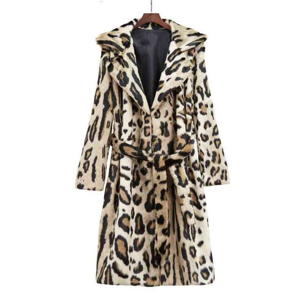 

women's fur & faux leopard print coat long sleeve with belt turn down collar jacket winter women teddy fourrure femme1 j59g, Black
