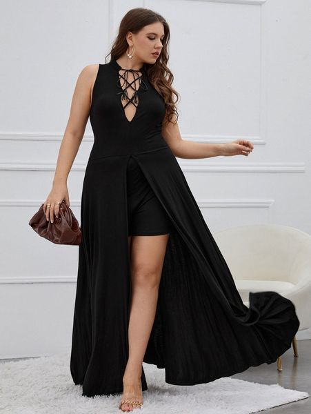 

x elle rebel plus lace up front maxi romper e6vx#, Black