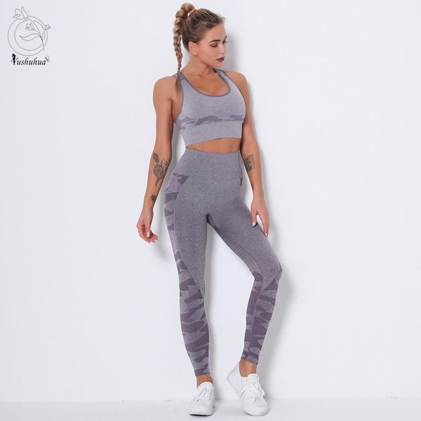 

yushuhua new camouflage seamless sports suit quick-drying gym clothing sports bra fitness leggings women's seamless yoga set1, White;red