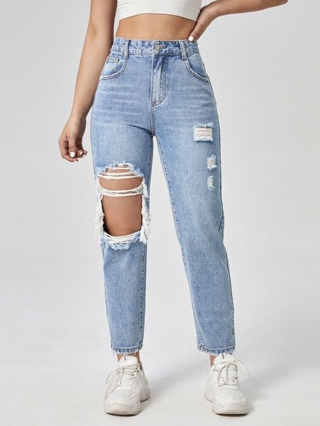 

high waist ripped cut out raw hem jeans h6sd#, Blue
