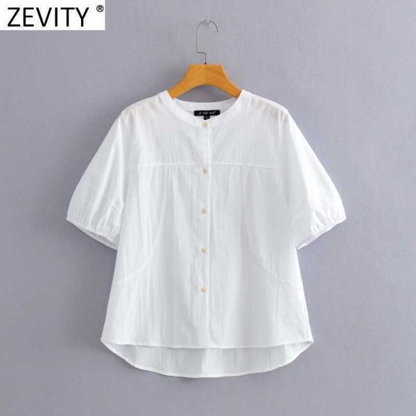 Zevity Frauen Koreanischen Stil Stehkragen Einfarbig Patchwork Hemd Büro Damen Puff Sleeve Bluse Chic Blusas Tops LS9294 210603