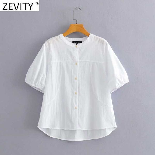 Zevidade Mulheres Estilo Coreano Carrinho Collar Cor Sólida Camisa De Cor de Retalhos Escritório Senhoras Spruff Sleeve Blusa Chic Blusas Tops LS9294 210603