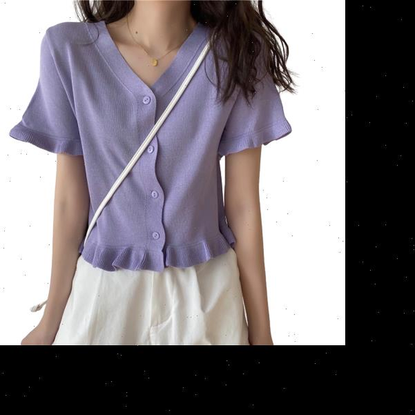 

women v neck knitted sweet ruffles short sleeve cardigans lady knitting summer thin sweater shirt crop for girls, White;black