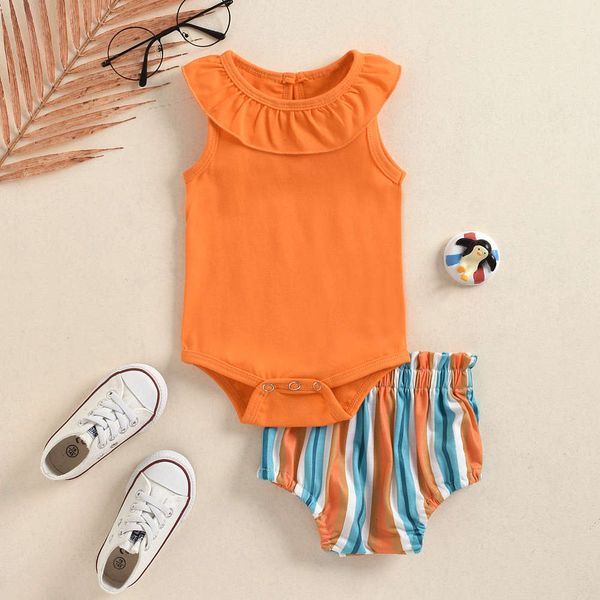 

summer girls' set orange ruffle sleeveless one-piece hatsuit + striped pp pants 2-piece set, White