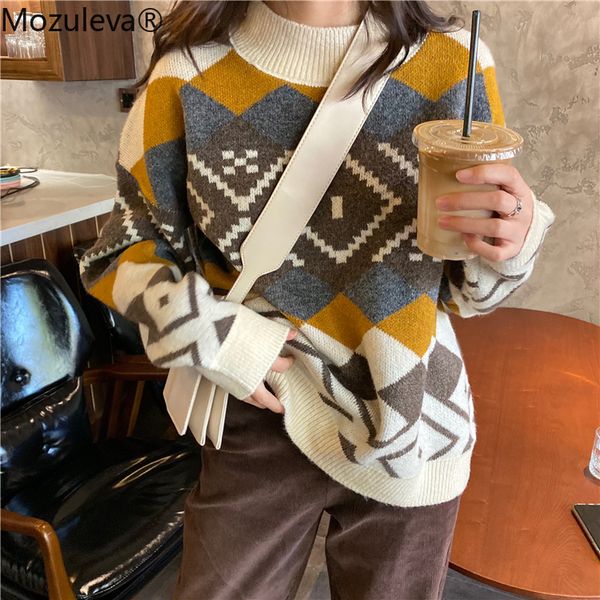 

mozuleva autumn winter argyle printed o-neck full sleeve sweater for women female regular knitted sweater pullovers 210218, White;black