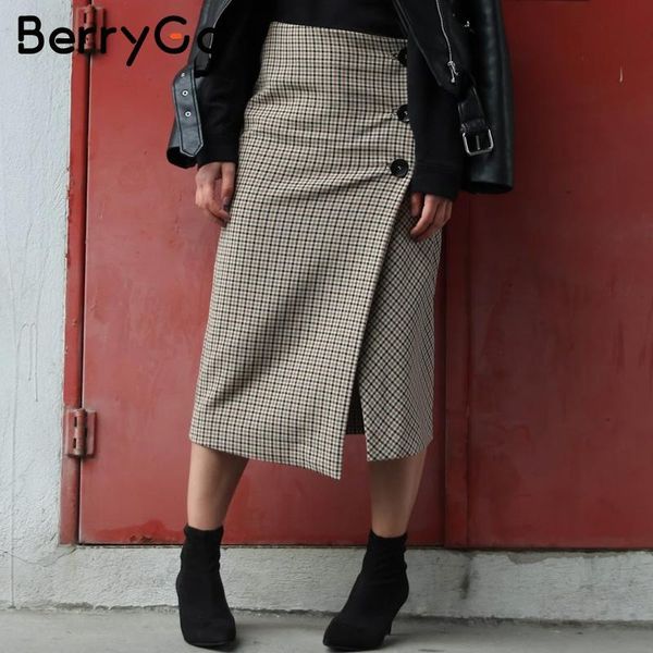 

skirts berrygo elegant plaid asymmetrical split women skirt houndstooth midi autumn winter 2021 vintage ladies high waist, Black