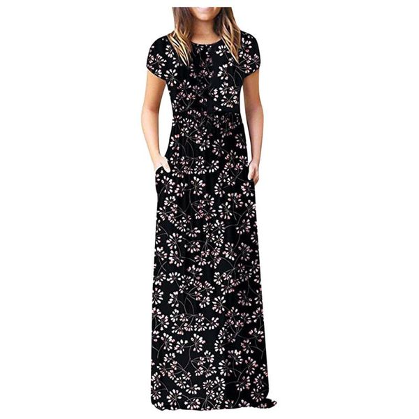 

women's swimwear dresses for women bohemian floral printing beach dress short sleeve long maxi loose with pocket vestidos mujer verano, White;black