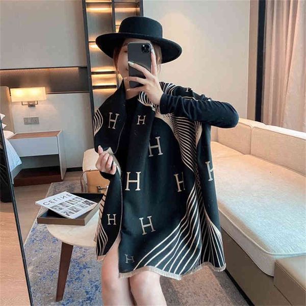 

shawl scarf female autumn and winter 2021 h letter imitation cashmere warm long wool bib tide, Blue;gray