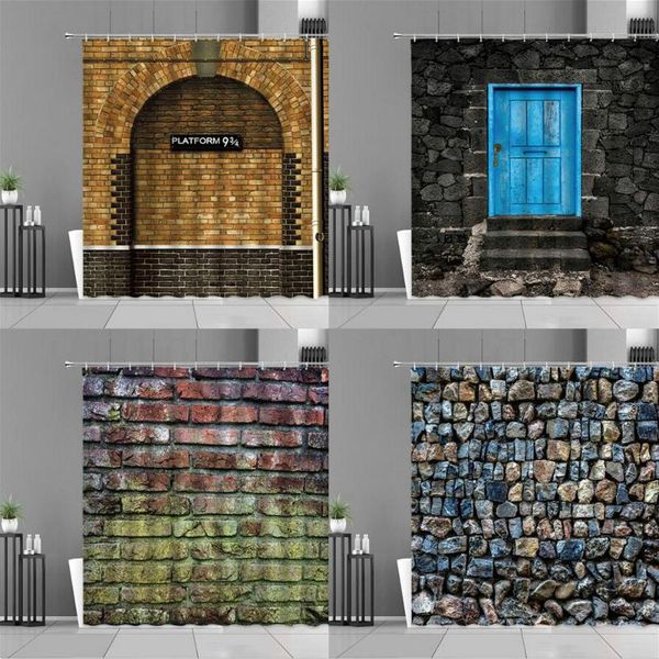 

shower curtains retro stone brick wall vintage wooden door rock magic passage pattern bathroom curtain waterproof home decor set