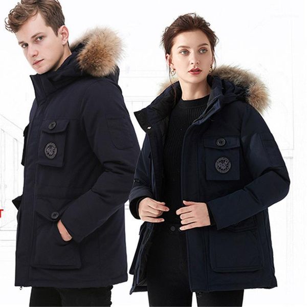 

men's down & parkas mens winter duck jacket hooded waterproof raccoon fur womens thick coat warm couples camouflage jackets, Black