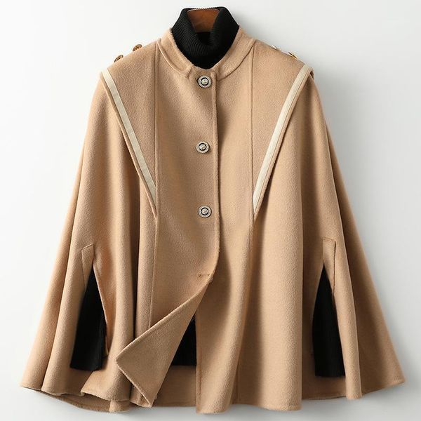 

women's wool & blends 2021 autumn shawl poncho overcoat women mid-length single breasted plus size ladies loose cape coats, Black