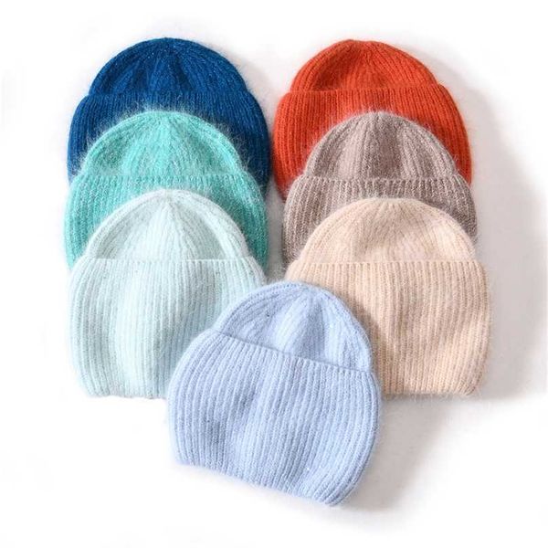 

women winter hat autumn angora rabbit fur ribed beanie female solid sequins gorro invierno hombre fleece thick warm bonnet caps 211119, Blue;gray